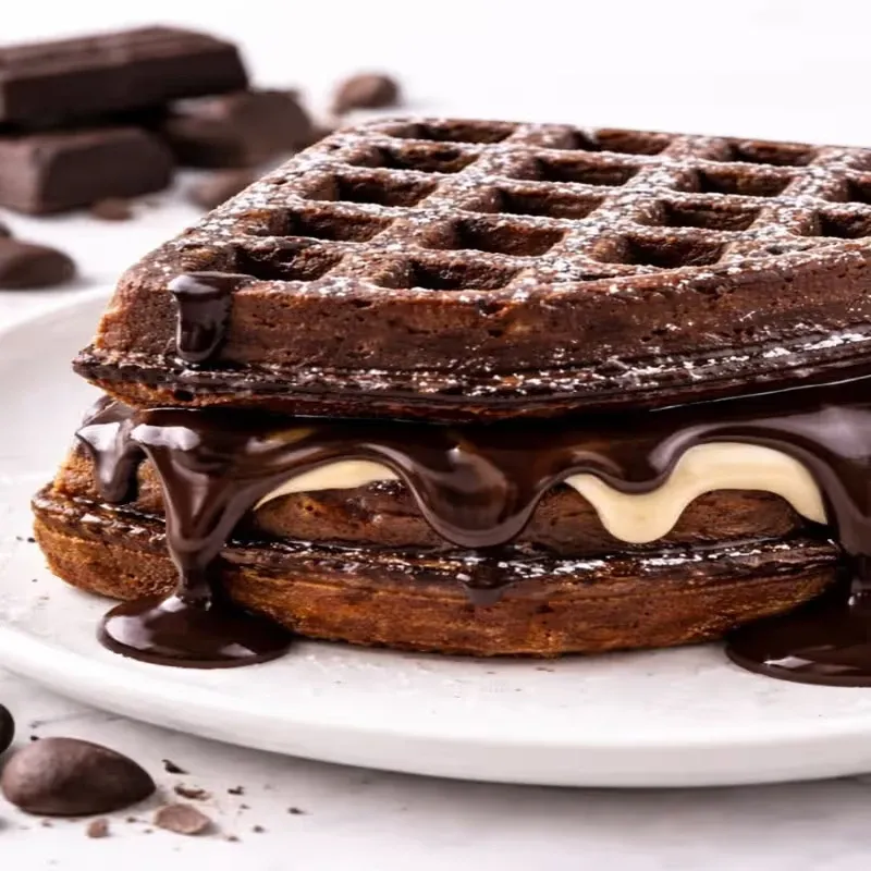 A chocolate waffle filled with cream and chocolate sauce at Twin's Golden Cafe, Arani